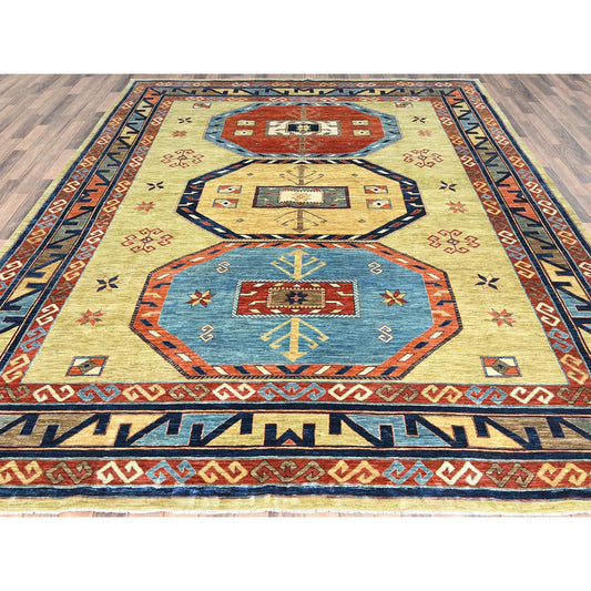 Tribal & Geometric Wool Hand Knotted Rug Green Red 9.0X11.7 -O085309