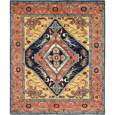Heriz Wool Hand Knotted Rug Blue Orange 8.0X9.5 -O085435