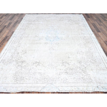 Overdyed & Vintage Wool Hand Knotted Rug Ivory Blue 7.2X9.10 -O085529