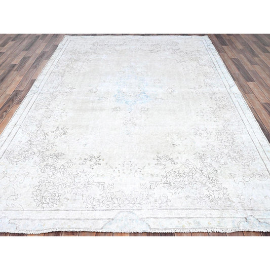 Overdyed & Vintage Wool Hand Knotted Rug Ivory Blue 7.2X9.10 -O085529