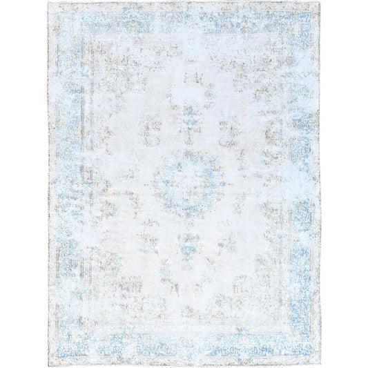 Overdyed & Vintage Wool Hand Knotted Rug Ivory Blue 7.4X9.9 -O085530