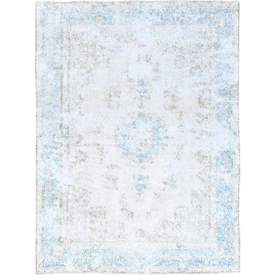Overdyed & Vintage Wool Hand Knotted Rug Ivory Blue 7.4X9.9 -O085530