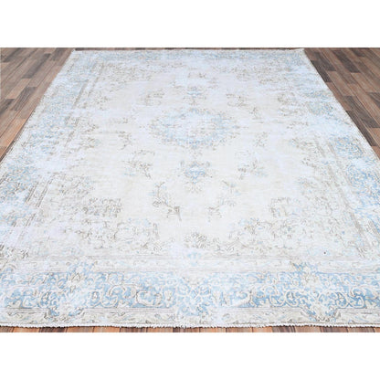 Overdyed & Vintage Wool Hand Knotted Rug Ivory Blue 7.4X9.9 -O085530