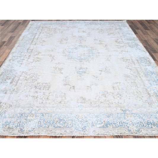 Overdyed & Vintage Wool Hand Knotted Rug Ivory Blue 7.4X9.9 -O085530