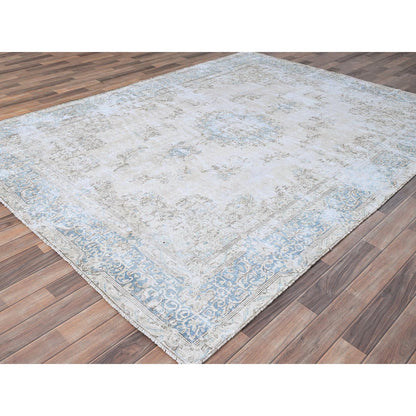 Overdyed & Vintage Wool Hand Knotted Rug Ivory Blue 7.4X9.9 -O085530