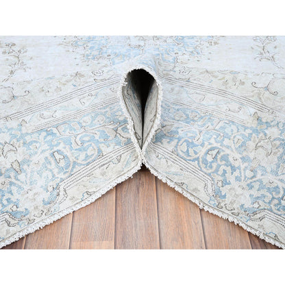 Overdyed & Vintage Wool Hand Knotted Rug Ivory Blue 7.4X9.9 -O085530