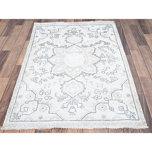 Overdyed & Vintage Wool Hand Knotted Rug Ivory Gray 3.0X4.4 -O085553