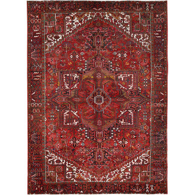 Heriz Worn Wool Hand Knotted Rug Red Black 8.2X11.3 -O085557