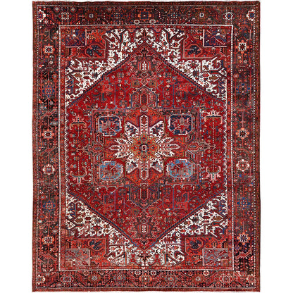 Heriz Worn Wool Hand Knotted Rug Red Black 10.1X12.9 -O085562
