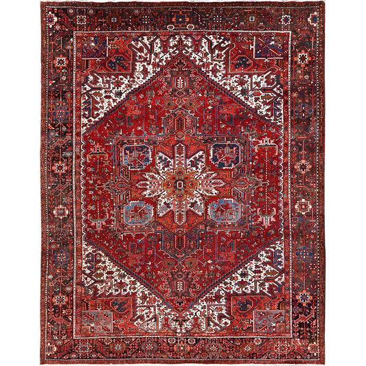 Heriz Worn Wool Hand Knotted Rug Red Black 10.1X12.9 -O085562