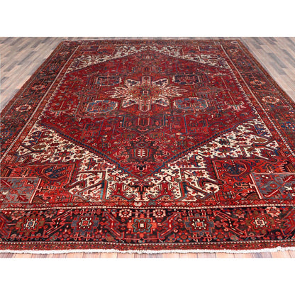 Heriz Worn Wool Hand Knotted Rug Red Black 10.1X12.9 -O085562