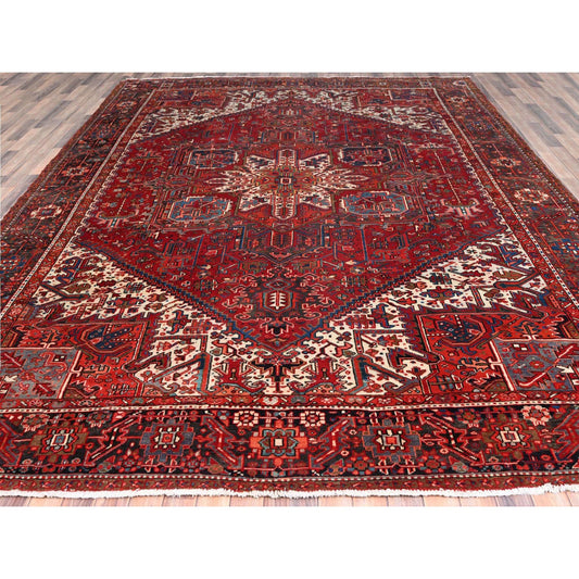 Heriz Worn Wool Hand Knotted Rug Red Black 10.1X12.9 -O085562