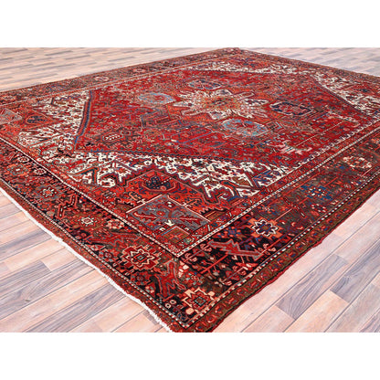 Heriz Worn Wool Hand Knotted Rug Red Black 10.1X12.9 -O085562