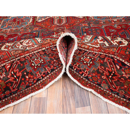 Heriz Worn Wool Hand Knotted Rug Red Black 10.1X12.9 -O085562
