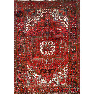 Heriz Worn Wool Hand Knotted Rug Red Black 7.5X10.2 -O085570