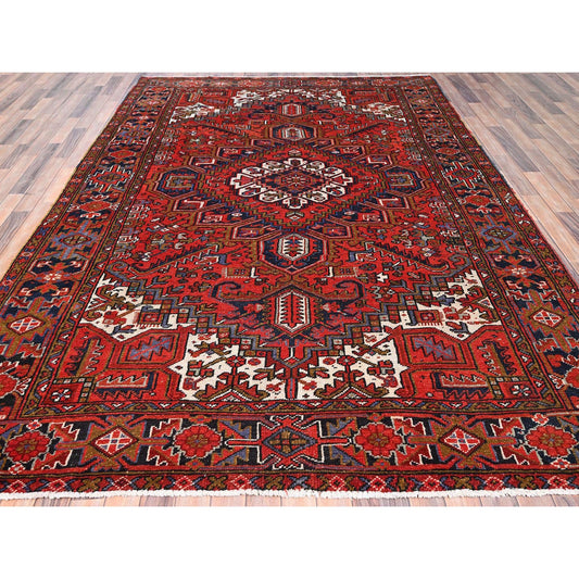 Heriz Worn Wool Hand Knotted Rug Red Yale Blue 7.9X11.0 -O085577