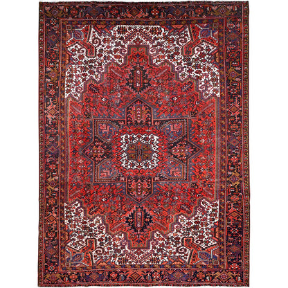 Heriz Worn Wool Hand Knotted Rug Red Black 10.0X13.2 -O085578