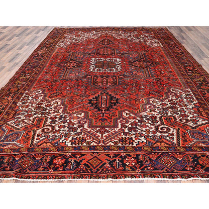 Heriz Worn Wool Hand Knotted Rug Red Black 10.0X13.2 -O085578