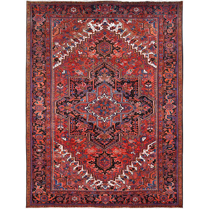 Heriz Worn Wool Hand Knotted Rug Red Black 9.8X13.0 -O085584