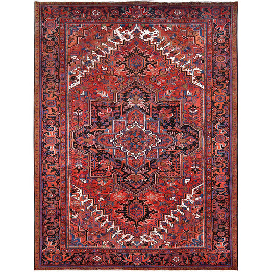 Heriz Worn Wool Hand Knotted Rug Red Black 9.8X13.0 -O085584