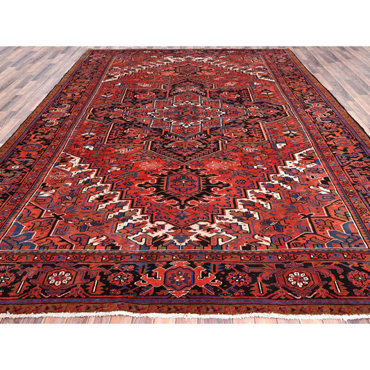 Heriz Worn Wool Hand Knotted Rug Red Black 9.8X13.0 -O085584