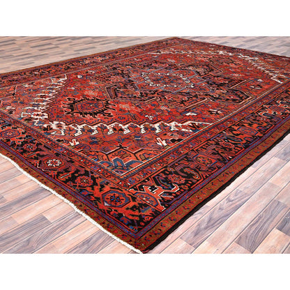 Heriz Worn Wool Hand Knotted Rug Red Black 9.8X13.0 -O085584
