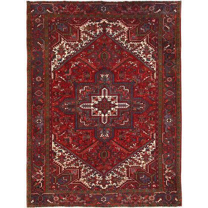 Heriz Worn Wool Hand Knotted Rug Red Black 8.4X10.10 -O085588