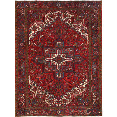 Heriz Worn Wool Hand Knotted Rug Red Black 8.4X10.10 -O085588
