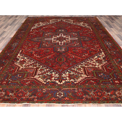 Heriz Worn Wool Hand Knotted Rug Red Black 8.4X10.10 -O085588