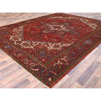 Heriz Worn Wool Hand Knotted Rug Red Black 8.4X10.10 -O085588