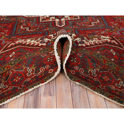 Heriz Worn Wool Hand Knotted Rug Red Black 8.4X10.10 -O085588