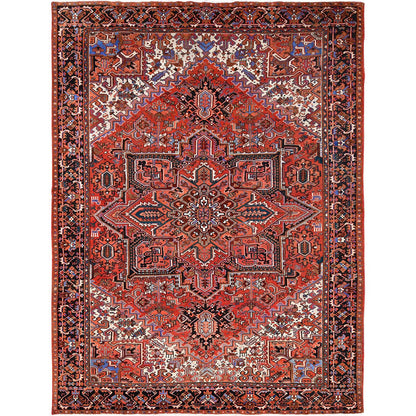 Heriz Worn Wool Hand Knotted Rug Red Black 10.1X13.2 -O085589