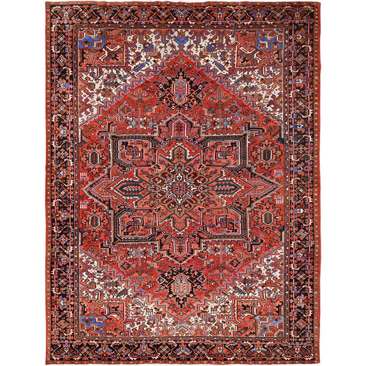 Heriz Worn Wool Hand Knotted Rug Red Black 10.1X13.2 -O085589