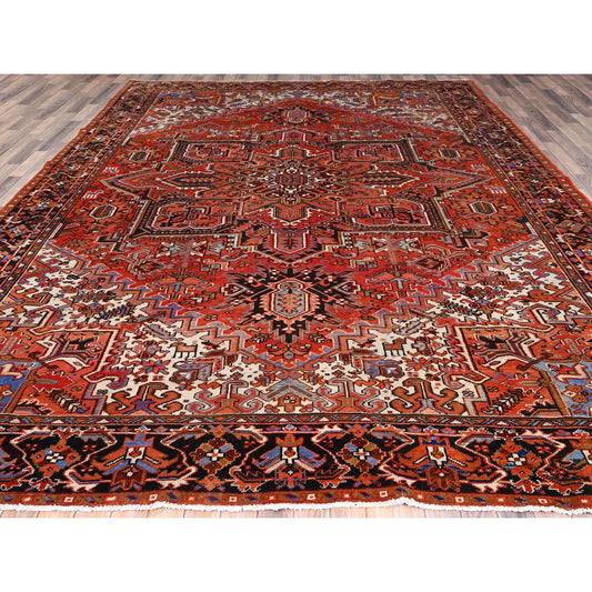 Heriz Worn Wool Hand Knotted Rug Red Black 10.1X13.2 -O085589