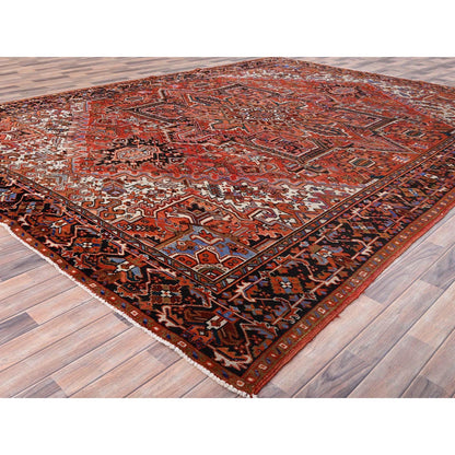 Heriz Worn Wool Hand Knotted Rug Red Black 10.1X13.2 -O085589