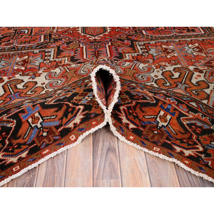 Heriz Worn Wool Hand Knotted Rug Red Black 10.1X13.2 -O085589