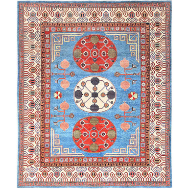 Tribal & Geometric Wool Hand Knotted Rug Blue Ivory 9.1X11.9 -O085596