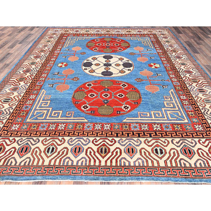 Tribal & Geometric Wool Hand Knotted Rug Blue Ivory 9.1X11.9 -O085596