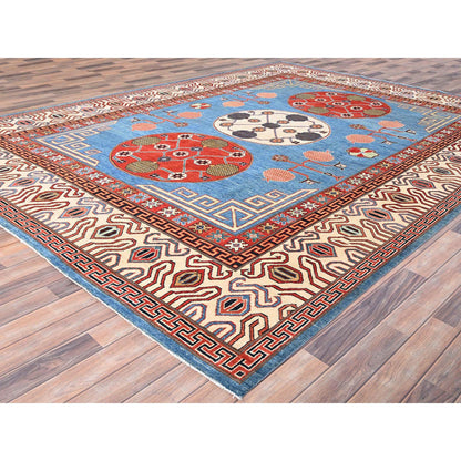 Tribal & Geometric Wool Hand Knotted Rug Blue Ivory 9.1X11.9 -O085596