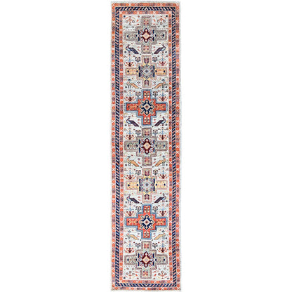 Tribal & Geometric Wool Hand Knotted Rug Ivory Blue 2.7X11.0 -O085622