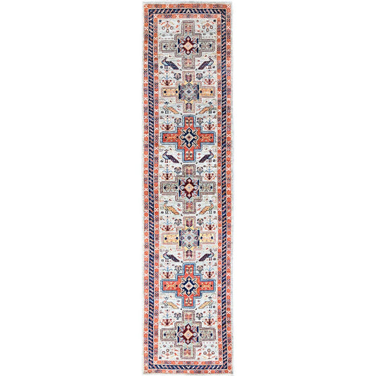 Tribal & Geometric Wool Hand Knotted Rug Ivory Blue 2.7X11.0 -O085622