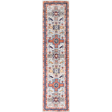 Tribal & Geometric Wool Hand Knotted Rug Ivory Blue 2.7X11.0 -O085622
