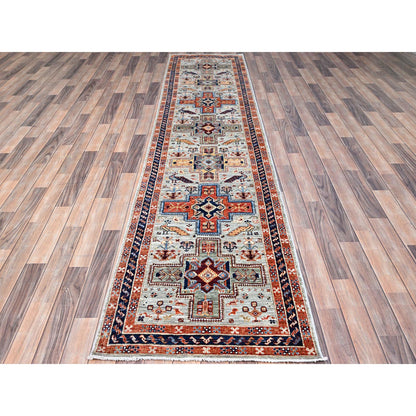 Tribal & Geometric Wool Hand Knotted Rug Ivory Blue 2.7X11.0 -O085622