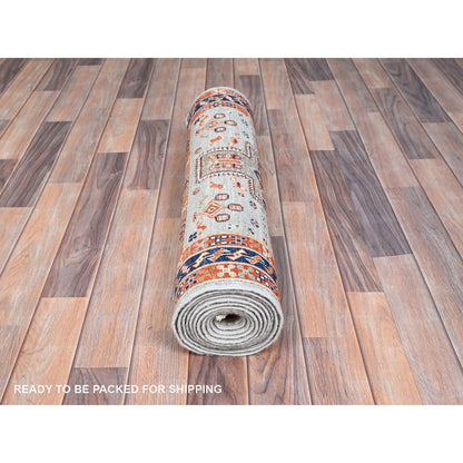 Tribal & Geometric Wool Hand Knotted Rug Ivory Blue 2.7X11.0 -O085622