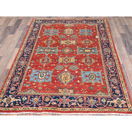 Heriz Wool Hand Knotted Rug Red Blue 4.0X5.7 -O085639