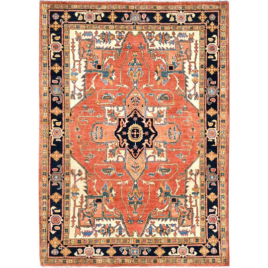 Heriz Wool Hand Knotted Rug Orange Blue 4.1X5.9 -O085642
