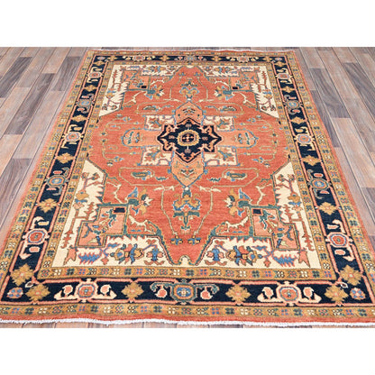 Heriz Wool Hand Knotted Rug Orange Blue 4.1X5.9 -O085642