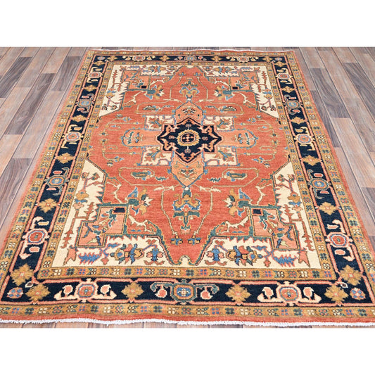 Heriz Wool Hand Knotted Rug Orange Blue 4.1X5.9 -O085642