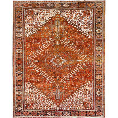 Heriz Worn Wool Hand Knotted Rug Orange Black 10.2X13.0 -O085656