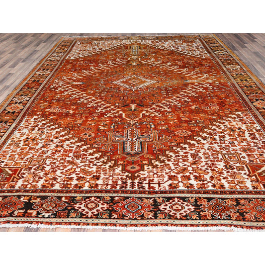Heriz Worn Wool Hand Knotted Rug Orange Black 10.2X13.0 -O085656
